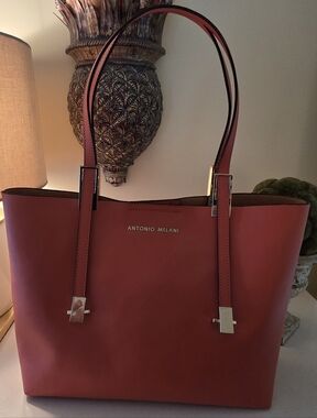 ANTONIO MELANI Orange Leather Tote with Polished Gold Hardware